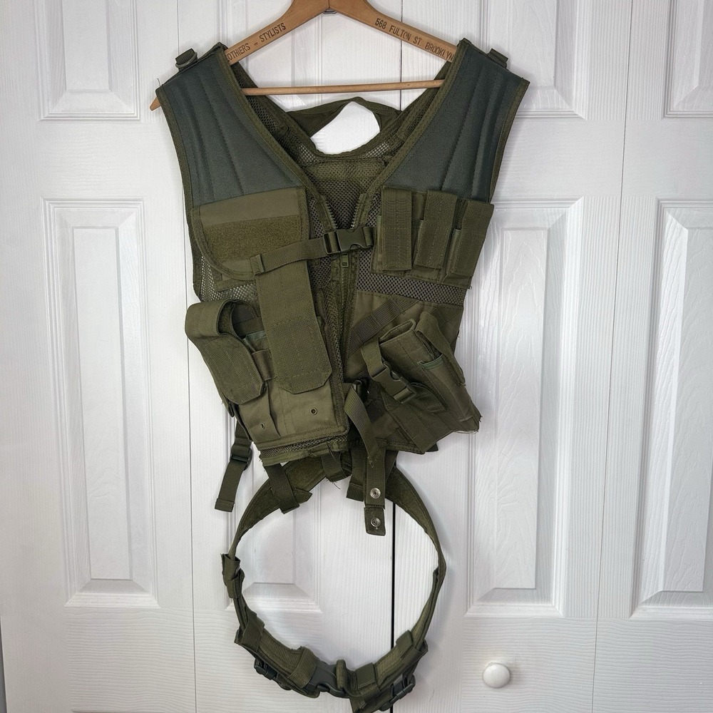 VISM NcSTAR Cross Draw Tactical Vest w/ Holster & Belt OD Green Airsoft Combat